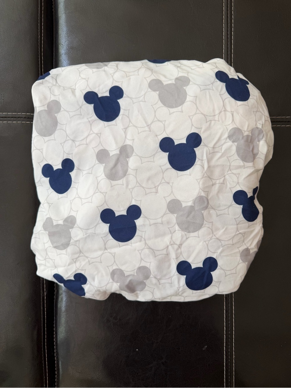 Disney - White Fitted Crib/Toddler Sheet with Navy and Light Gray Mickey Heads